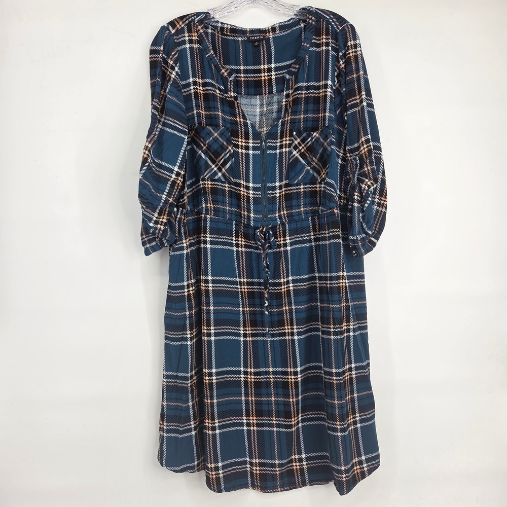 Torrid Shirt Dress 1 Teal Plaid Zip Front Drawstring Roll Tab Boho Academic